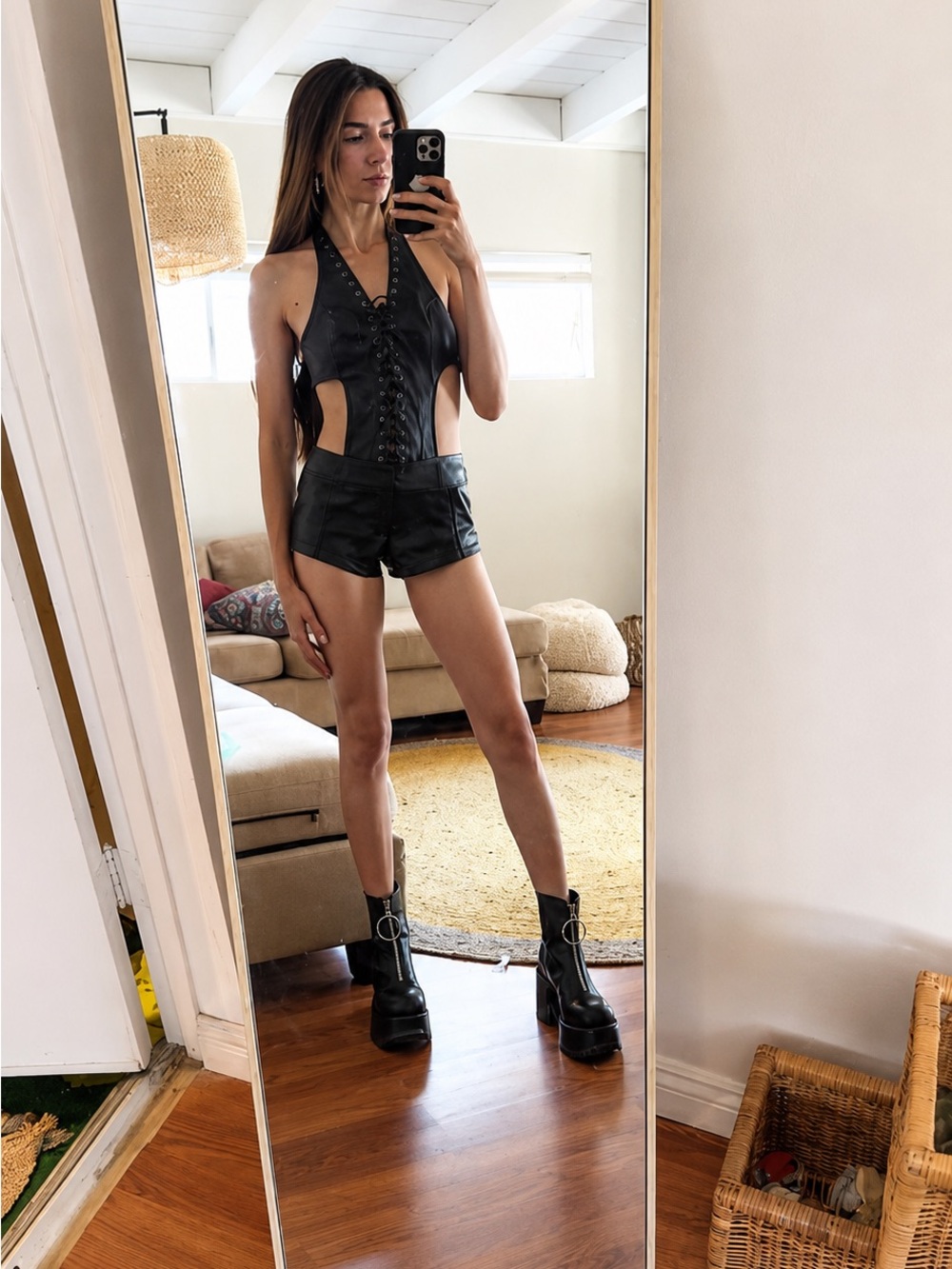 Dolls Kill Black Faux Leather Cutout Halter Romper